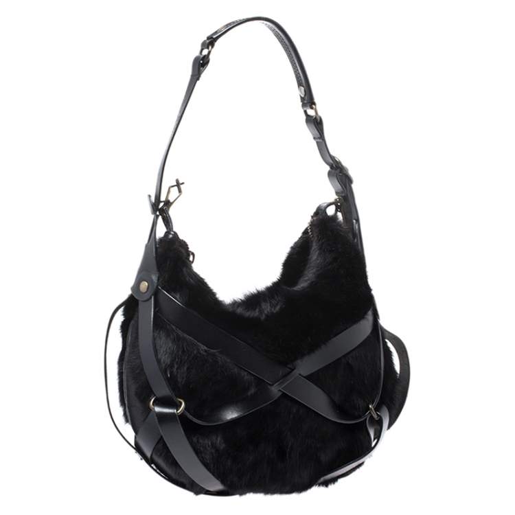 Pre Owned Lanvin Black Fox Fur and Leather Strappy Hobo