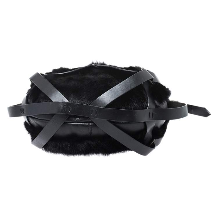 Pre Owned Lanvin Black Fox Fur and Leather Strappy Hobo