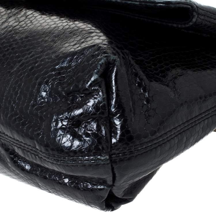 Pre Owned Lanvin Black Snakeskin Effect Patent Leather Happy Flap Shoulder Bag
