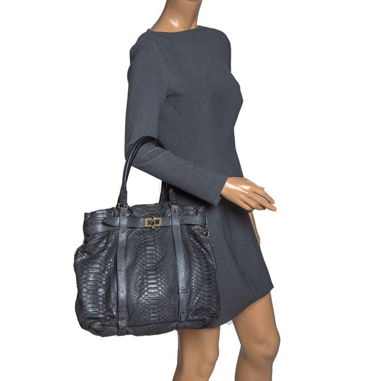 Pre Owned Lanvin Dark Blue Python Kentucky Tote
