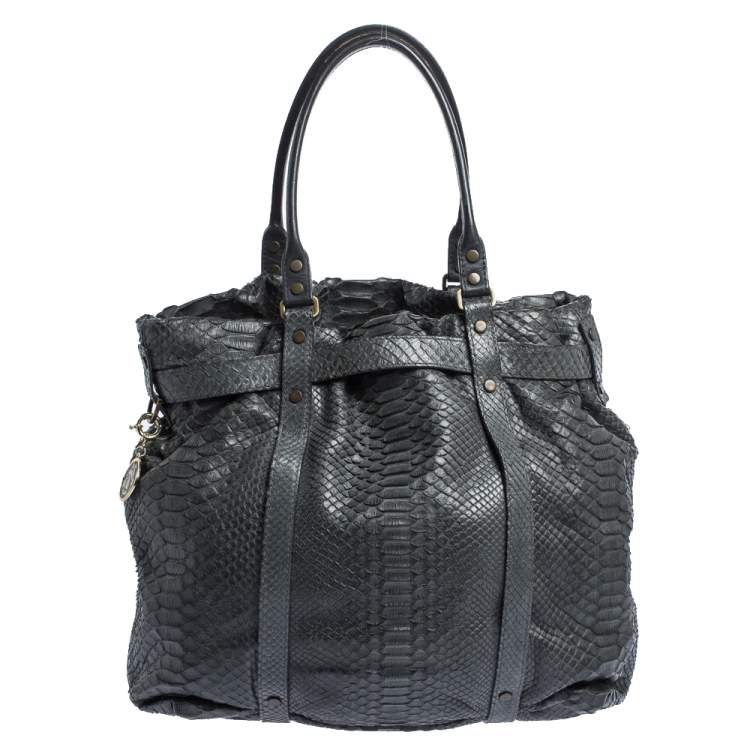 Pre Owned Lanvin Dark Blue Python Kentucky Tote