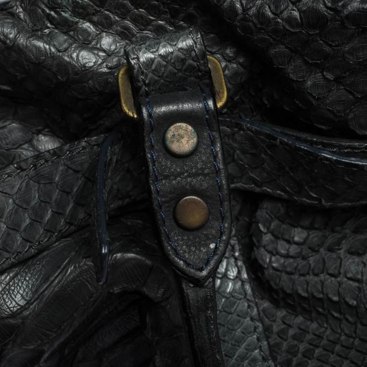 Pre Owned Lanvin Dark Blue Python Kentucky Tote