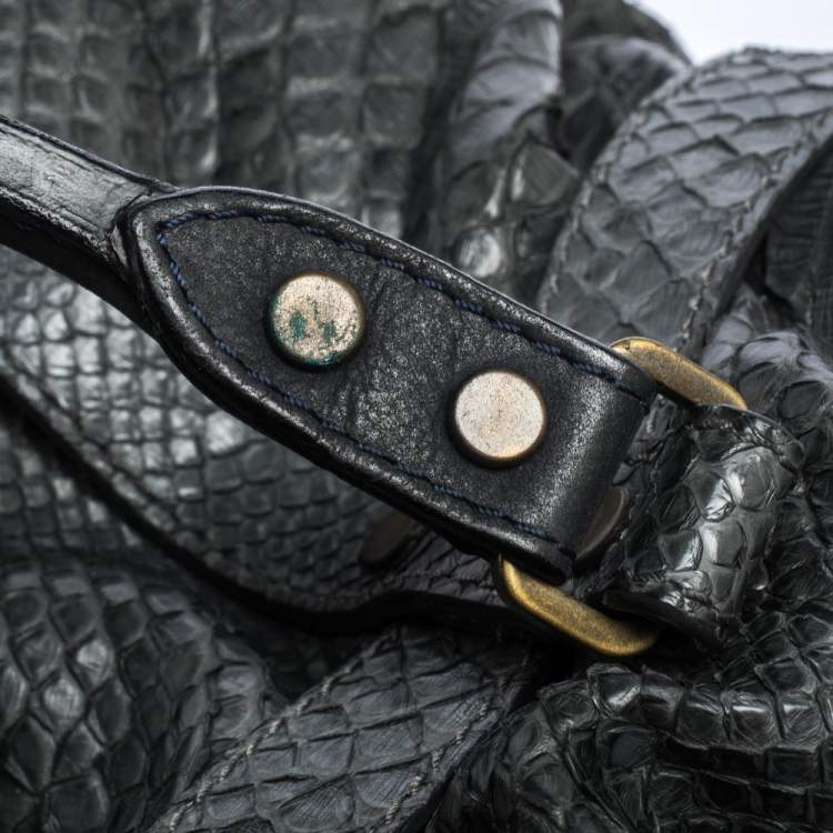 Pre Owned Lanvin Dark Blue Python Kentucky Tote