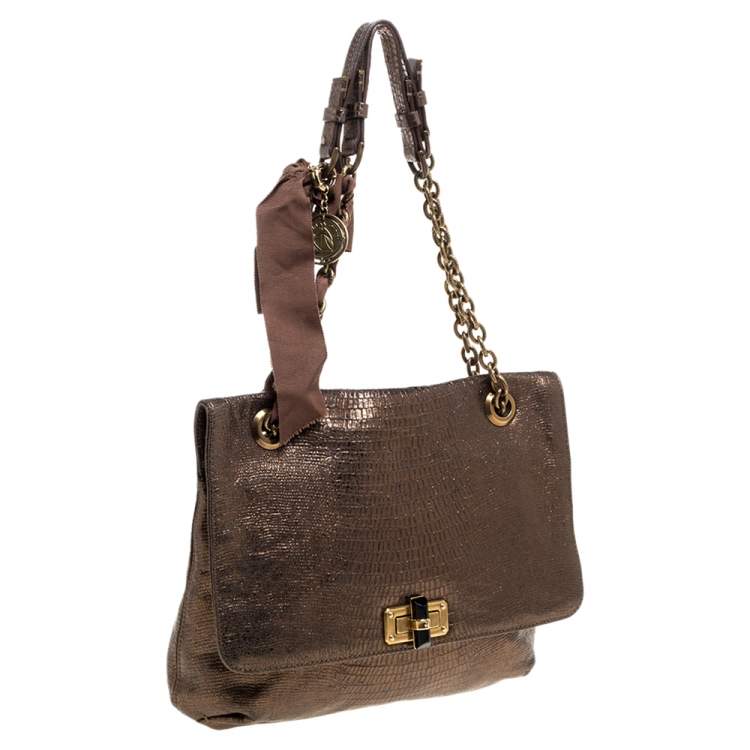 مملوكة مسبقًا Lanvin Metallic Gold Lizard Embossed Leather Happy Shoulder Bag