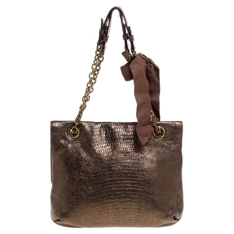 مملوكة مسبقًا Lanvin Metallic Gold Lizard Embossed Leather Happy Shoulder Bag