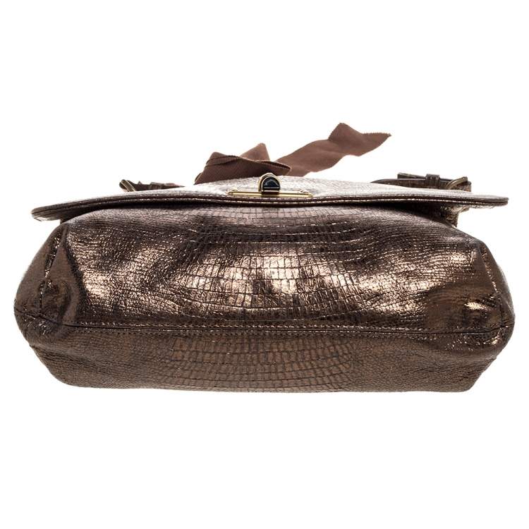 مملوكة مسبقًا Lanvin Metallic Gold Lizard Embossed Leather Happy Shoulder Bag