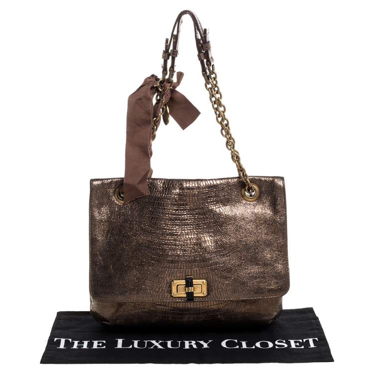 مملوكة مسبقًا Lanvin Metallic Gold Lizard Embossed Leather Happy Shoulder Bag