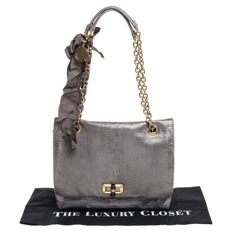 مملوكة مسبقًا Lanvin Metallic Silver Lizard Embossed Leather Happy Shoulder Bag