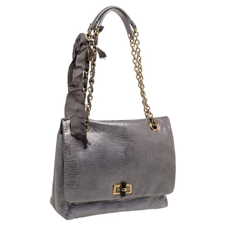 مملوكة مسبقًا Lanvin Metallic Silver Lizard Embossed Leather Happy Shoulder Bag