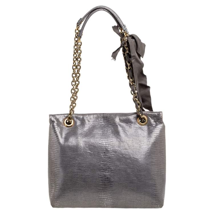 مملوكة مسبقًا Lanvin Metallic Silver Lizard Embossed Leather Happy Shoulder Bag