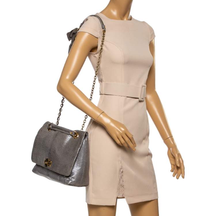 مملوكة مسبقًا Lanvin Metallic Silver Lizard Embossed Leather Happy Shoulder Bag