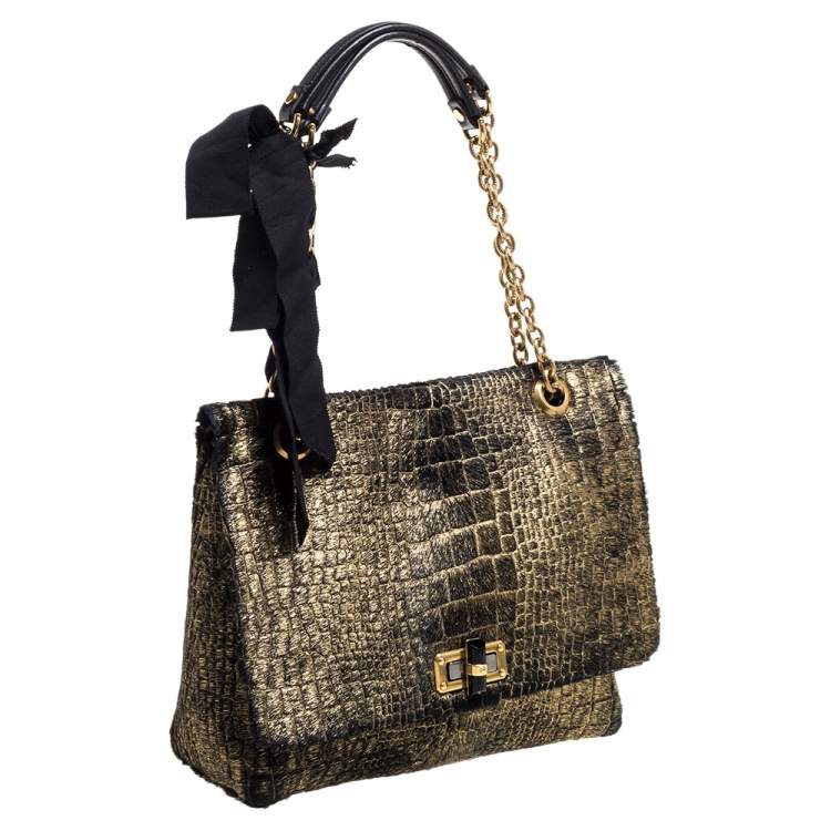 Pre Owned Lanvin Gold/Black Calfhair Medium Happy Shoulder Bag