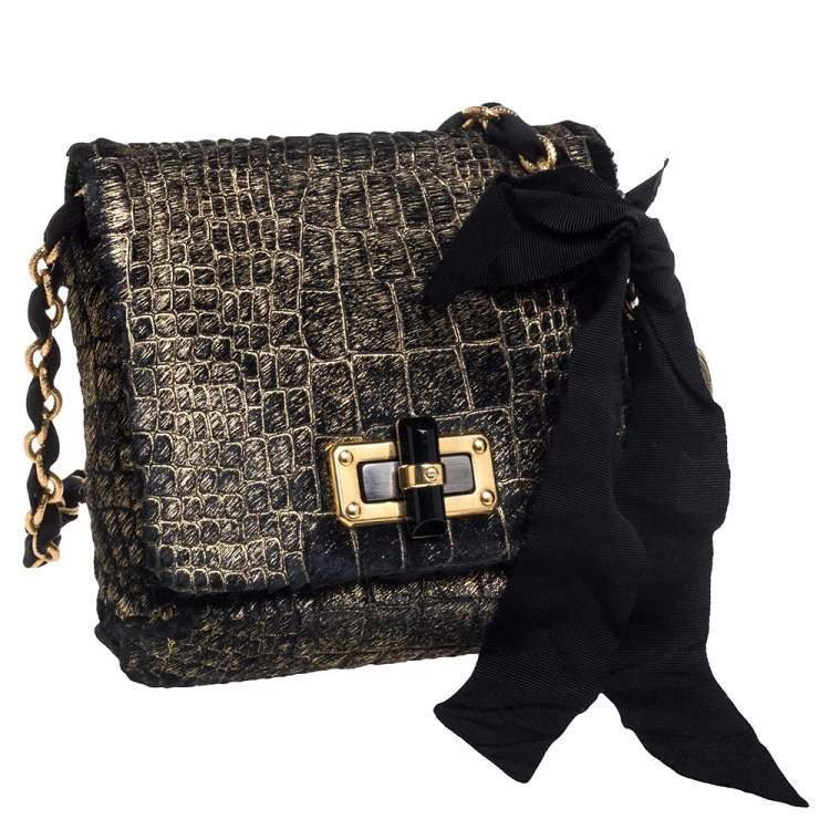 مملوكة مسبقًا Lanvin Black/Gold Crocodile Print Calfhair Mini Happy Crossbody Bag