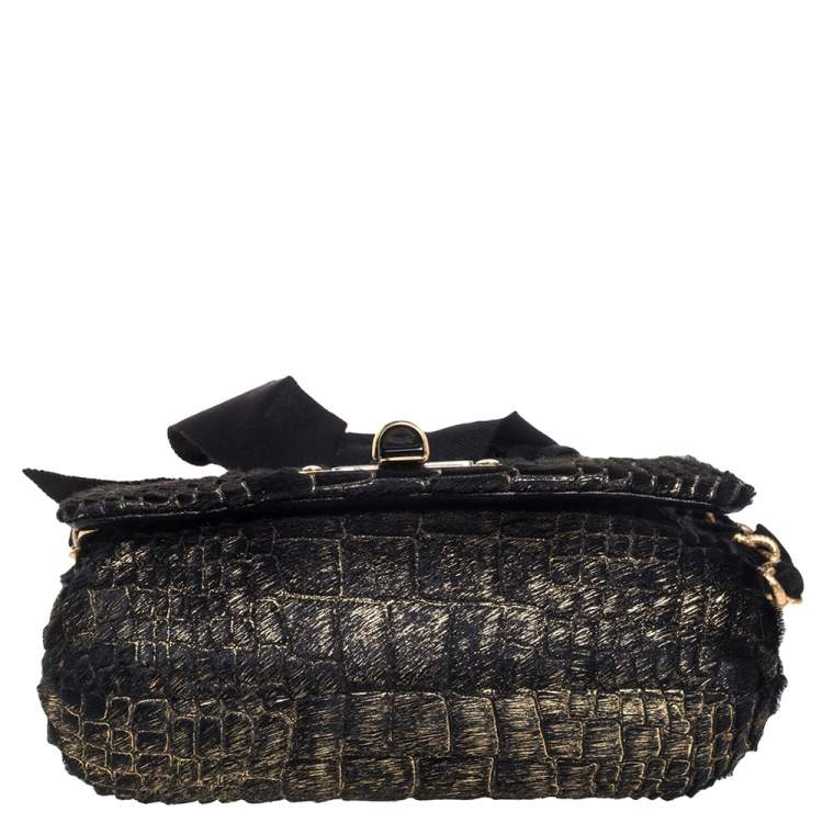 مملوكة مسبقًا Lanvin Black/Gold Crocodile Print Calfhair Mini Happy Crossbody Bag