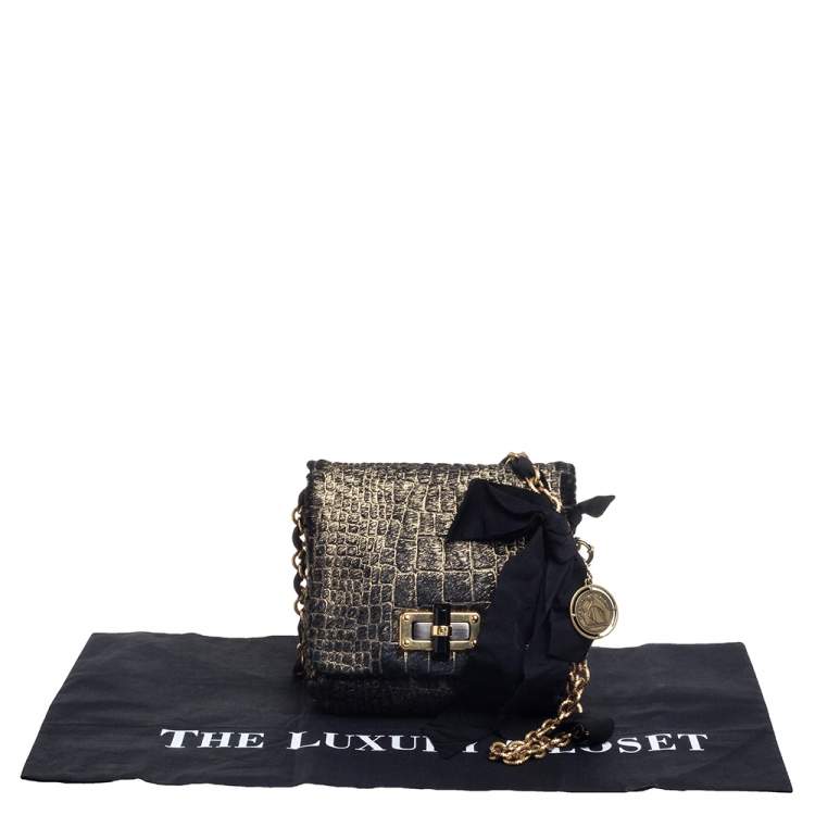 مملوكة مسبقًا Lanvin Black/Gold Crocodile Print Calfhair Mini Happy Crossbody Bag