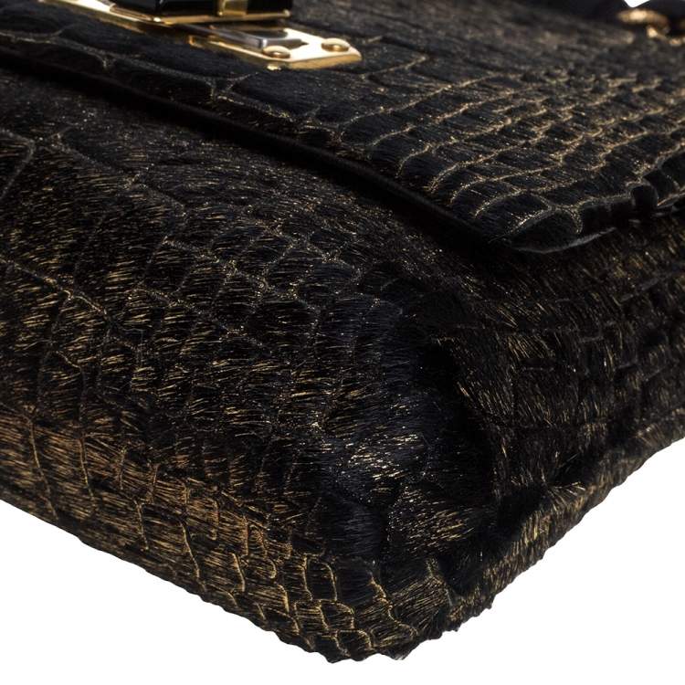 مملوكة مسبقًا Lanvin Black/Gold Crocodile Print Calfhair Mini Happy Crossbody Bag