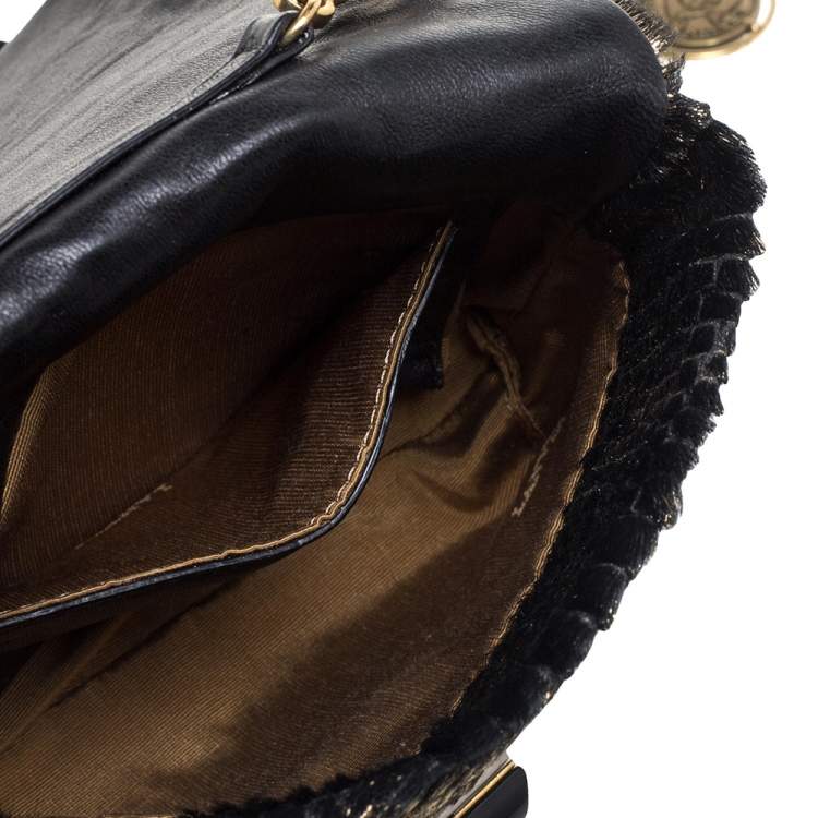 مملوكة مسبقًا Lanvin Black/Gold Crocodile Print Calfhair Mini Happy Crossbody Bag