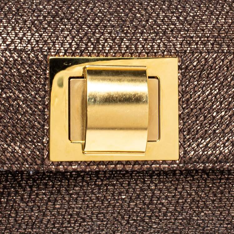Pre Owned Lanvin Metallic Brown Lamé Fabric Turnlock Fold Over Clutch