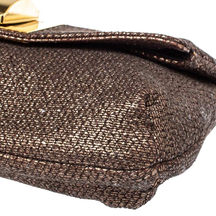 Pre Owned Lanvin Metallic Brown Lamé Fabric Turnlock Fold Over Clutch