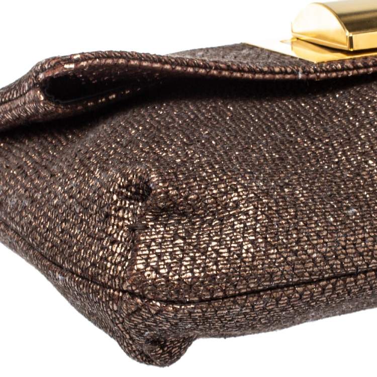 Pre Owned Lanvin Metallic Brown Lamé Fabric Turnlock Fold Over Clutch