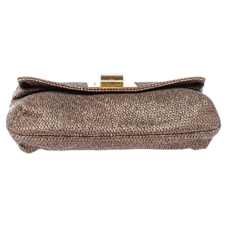 Pre Owned Lanvin Metallic Brown Lamé Fabric Turnlock Fold Over Clutch