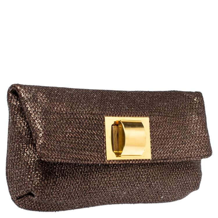 Pre Owned Lanvin Metallic Brown Lamé Fabric Turnlock Fold Over Clutch