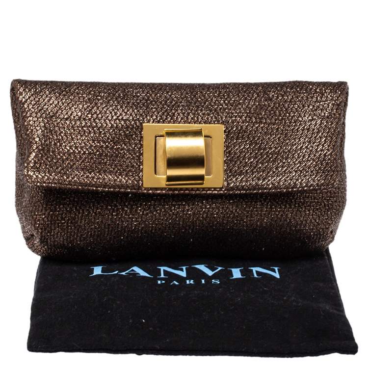 Pre Owned Lanvin Metallic Brown Lamé Fabric Turnlock Fold Over Clutch