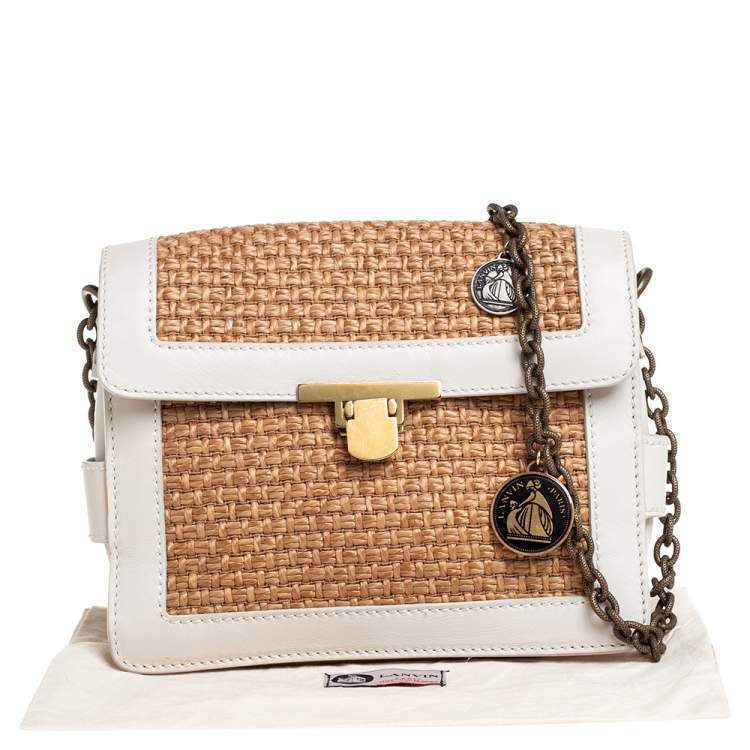 Pre Owned Lanvin White/Beige Raffia and Leather Trim Shoulder Bag