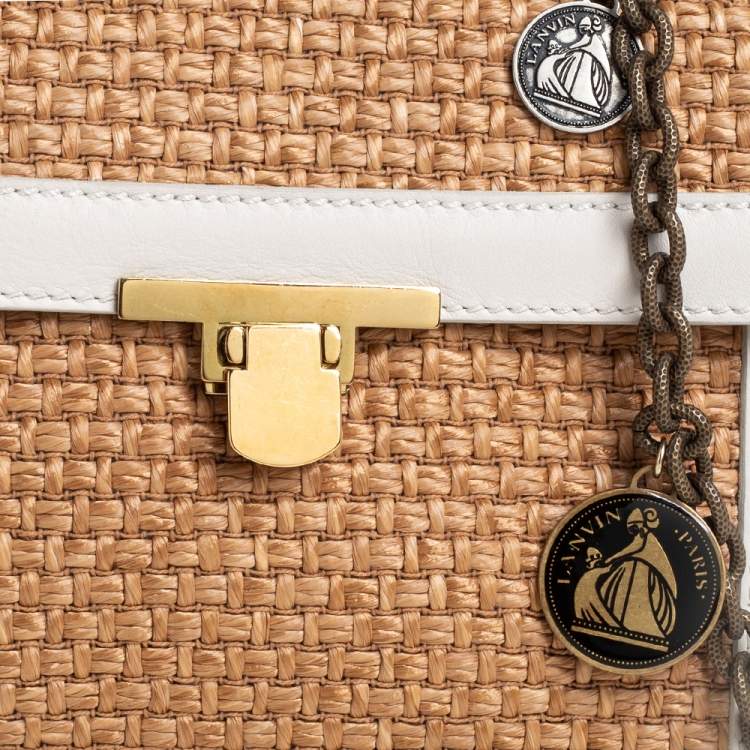 Pre Owned Lanvin White/Beige Raffia and Leather Trim Shoulder Bag