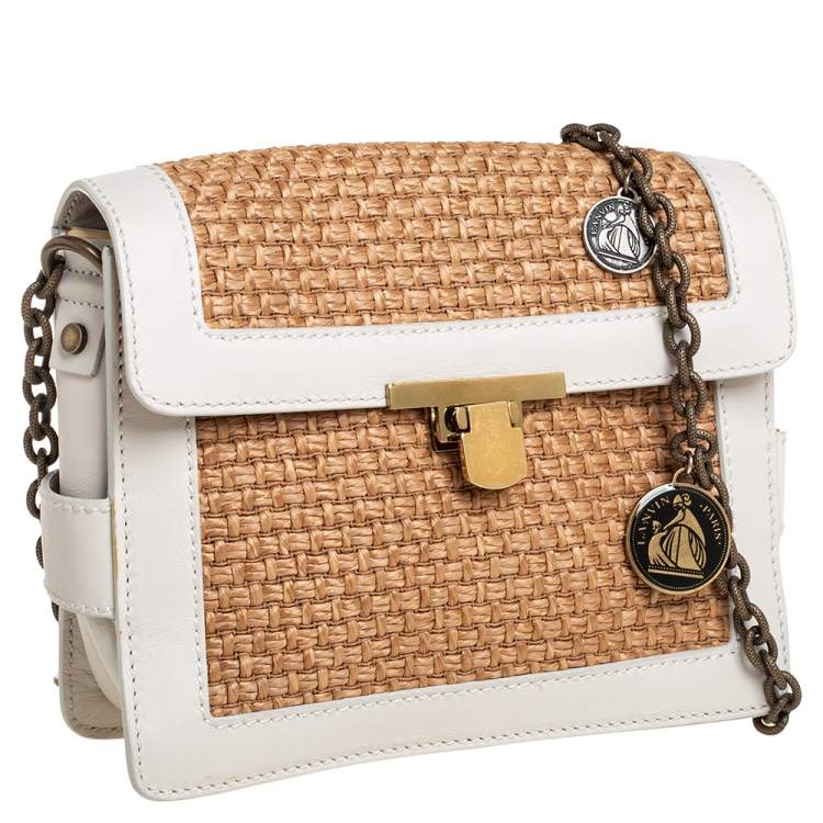 Pre Owned Lanvin White/Beige Raffia and Leather Trim Shoulder Bag