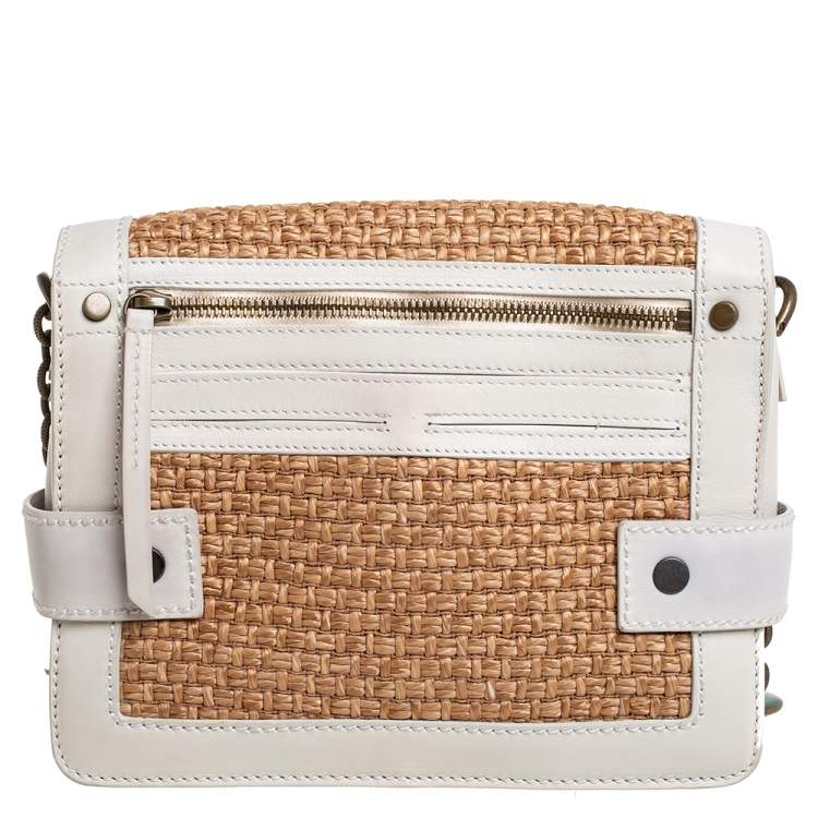 Pre Owned Lanvin White/Beige Raffia and Leather Trim Shoulder Bag