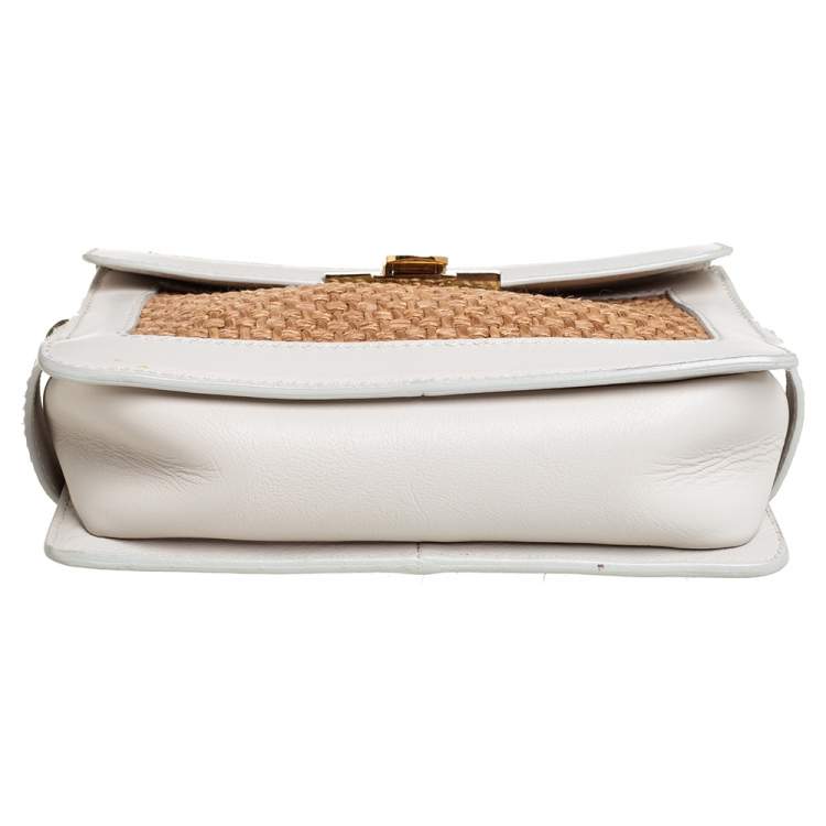 Pre Owned Lanvin White/Beige Raffia and Leather Trim Shoulder Bag