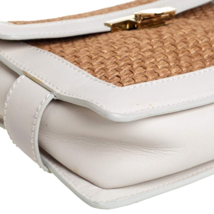 Pre Owned Lanvin White/Beige Raffia and Leather Trim Shoulder Bag