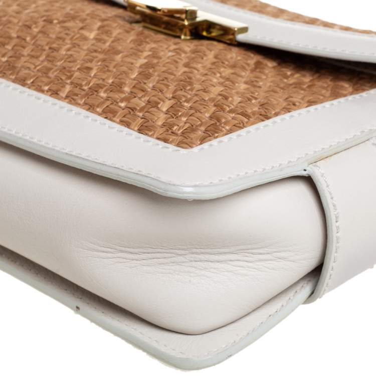 Pre Owned Lanvin White/Beige Raffia and Leather Trim Shoulder Bag