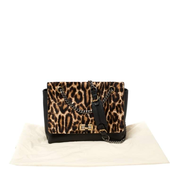 Pre Owned Lanvin Black/Brown Leopard Print Pony Hair and Leather Happy Shoulder Bag