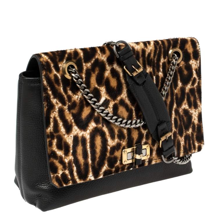 Pre Owned Lanvin Black/Brown Leopard Print Pony Hair and Leather Happy Shoulder Bag
