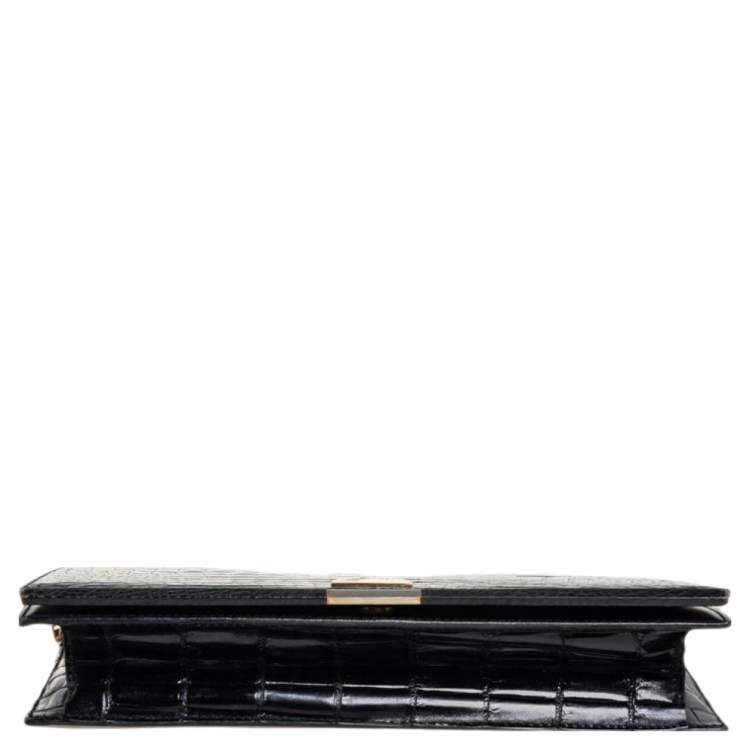 مملوكة مسبقًا Lanvin Black Croc Embossed Leather Chain Clutch