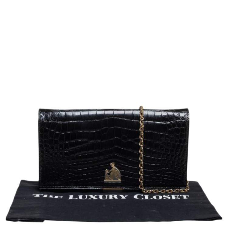 مملوكة مسبقًا Lanvin Black Croc Embossed Leather Chain Clutch