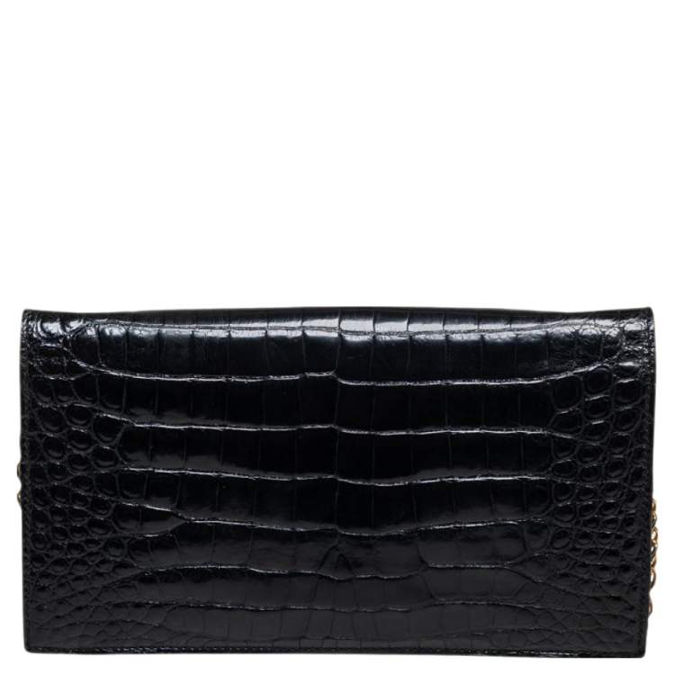 مملوكة مسبقًا Lanvin Black Croc Embossed Leather Chain Clutch