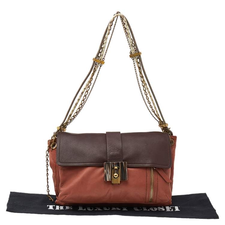 Pre Owned Lanvin Brown Deep Coral/Brown Leather and Python Dear Danae Chain Shoulder Bag