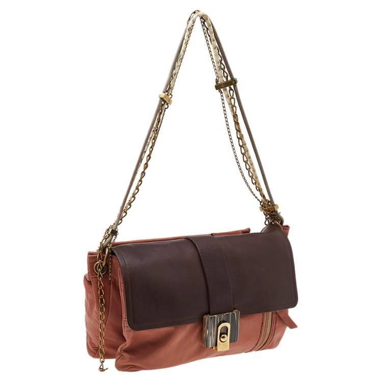 Pre Owned Lanvin Brown Deep Coral/Brown Leather and Python Dear Danae Chain Shoulder Bag