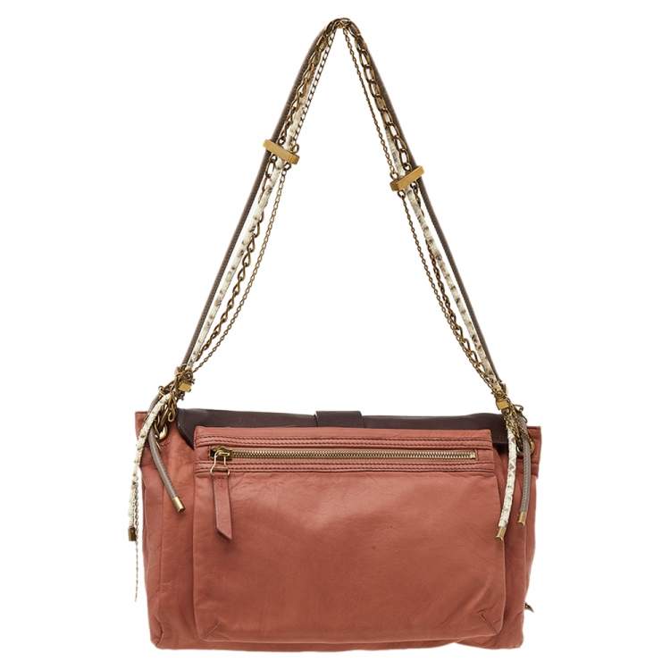 Pre Owned Lanvin Brown Deep Coral/Brown Leather and Python Dear Danae Chain Shoulder Bag
