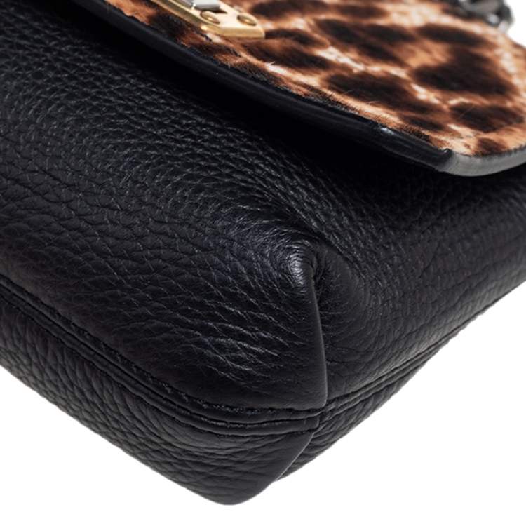 Pre Owned Lanvin Black/Brown Leopard Print Pony Hair and Leather Happy Shoulder Bag