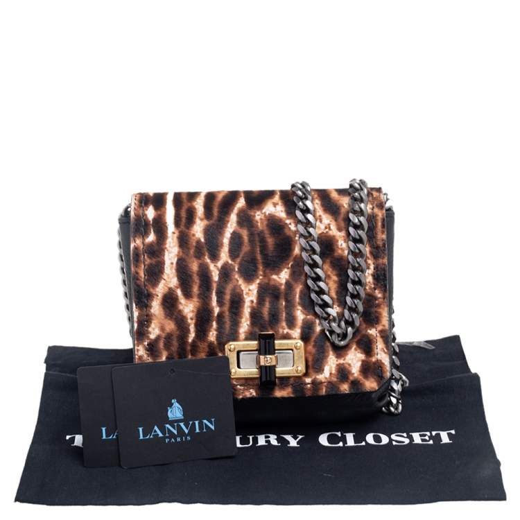 Pre Owned Lanvin Black/Brown Leopard Print Pony Hair and Leather Happy Shoulder Bag