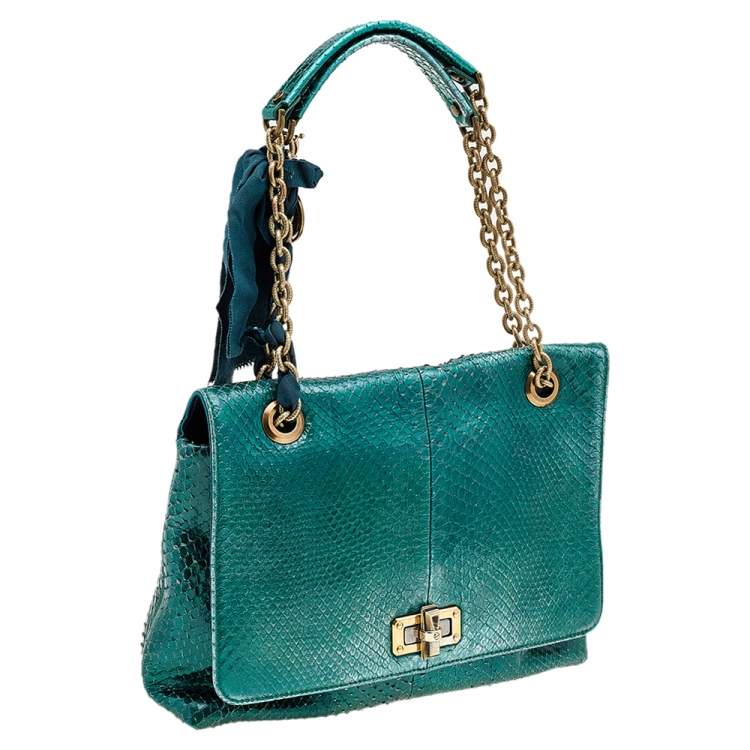 Pre Owned Lanvin Metallic Sea Green Python Leather Happy Shoulder Bag