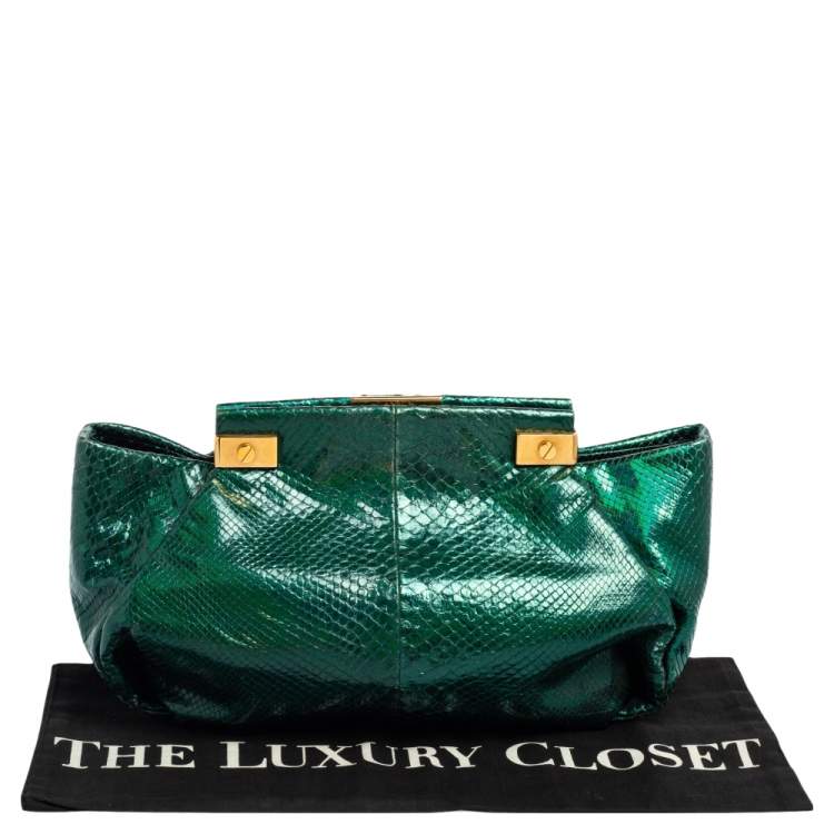Pre Owned Lanvin Metallic Green Python Clutch