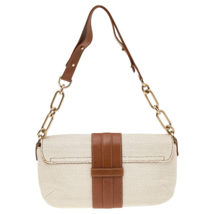 Pre Owned Lanvin Cream/Brown Raffia and Leather Baguette Bag