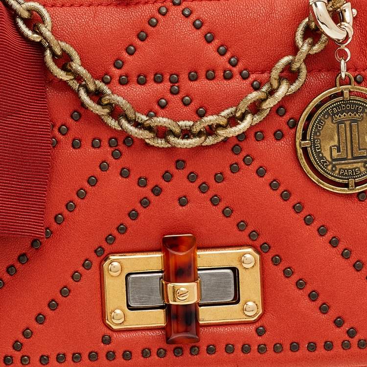 Pre Owned Lanvin Orange Studded Leather Happy Classic Flap Shoulder Bag