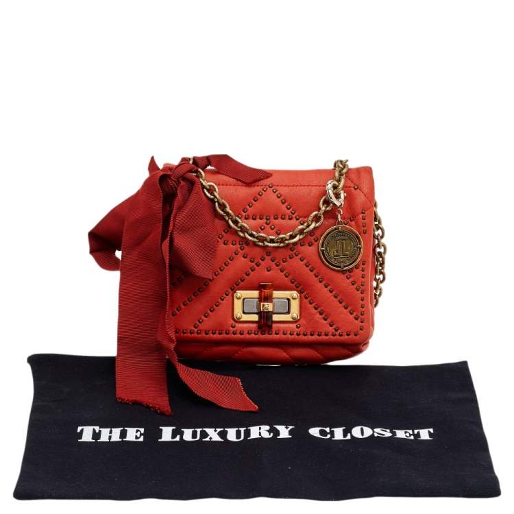 Pre Owned Lanvin Orange Studded Leather Happy Classic Flap Shoulder Bag