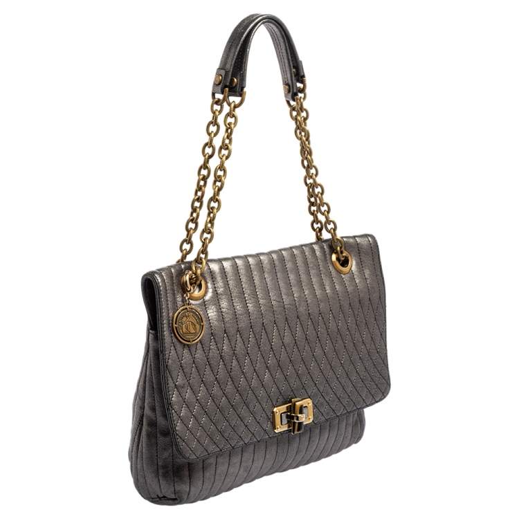 Pre Owned Lanvin Metallic Grey Quilted Leather Happy Shoulder Bag